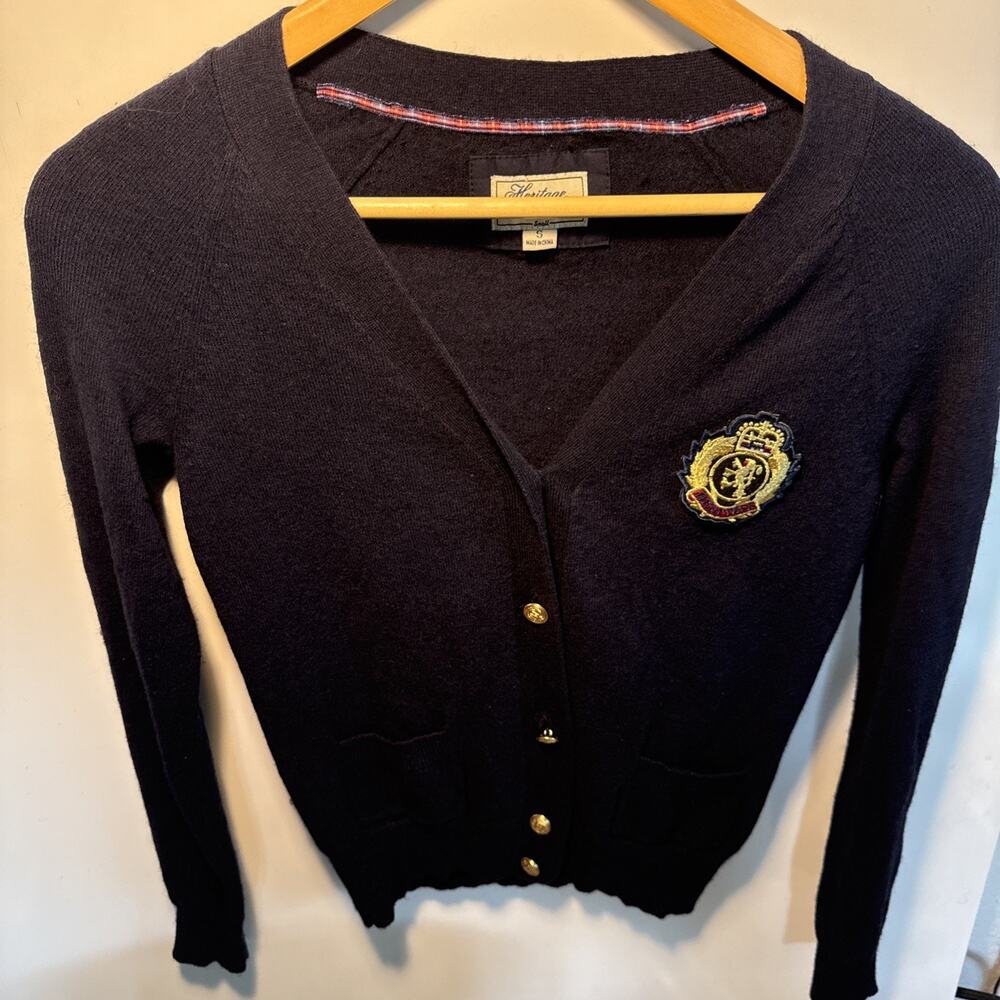Heritage Small Knit Cardigan Wool 100 Navy Gold Button Vintage 90s Emblem preppy